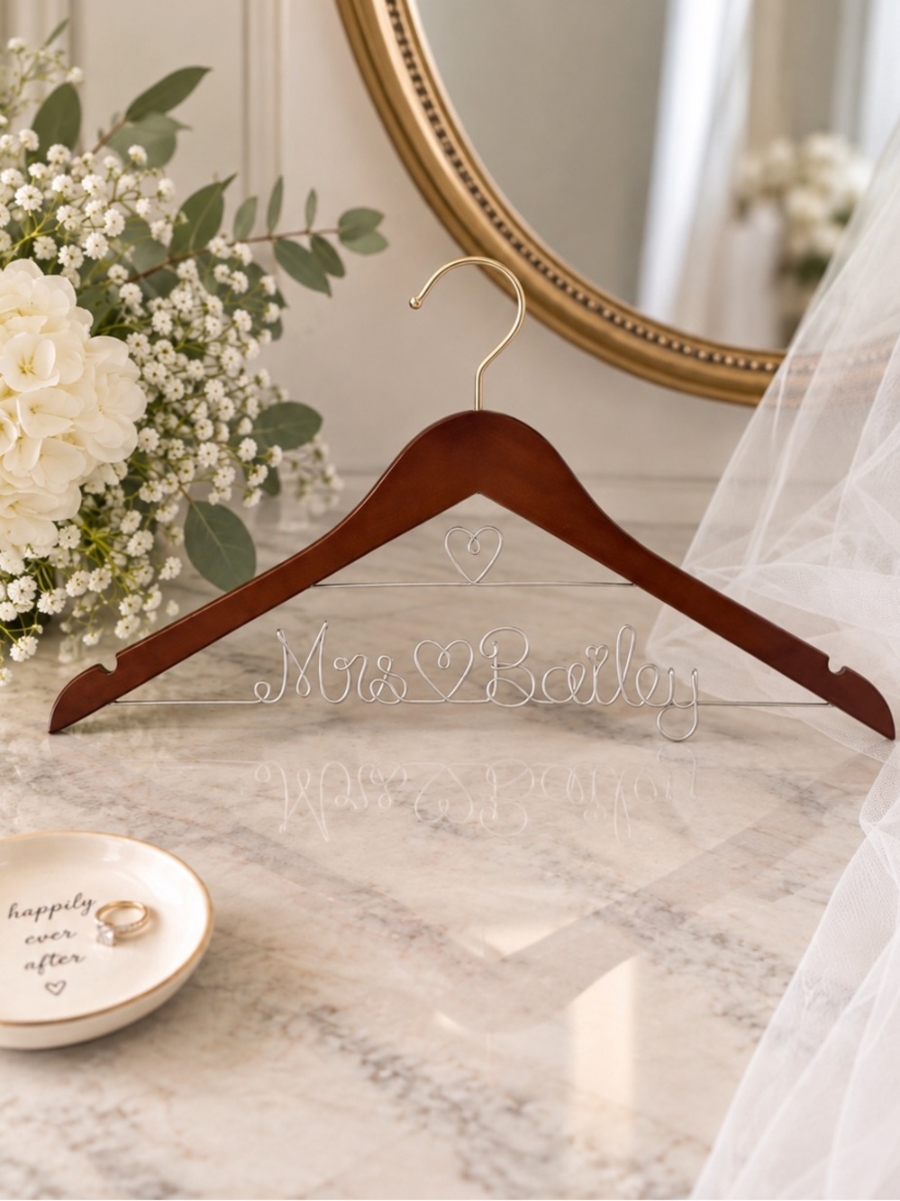 Custom Mrs Bailey Bridal Wedding Dress Hanger Wood Wire Bride Keepsake